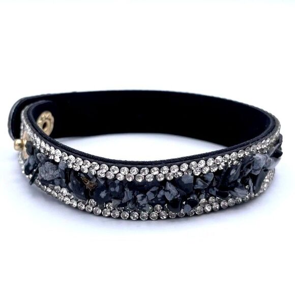 Black Faux Leather with Crystal and Chip Boho Adjustable Bracelet - Picture 2 of 9